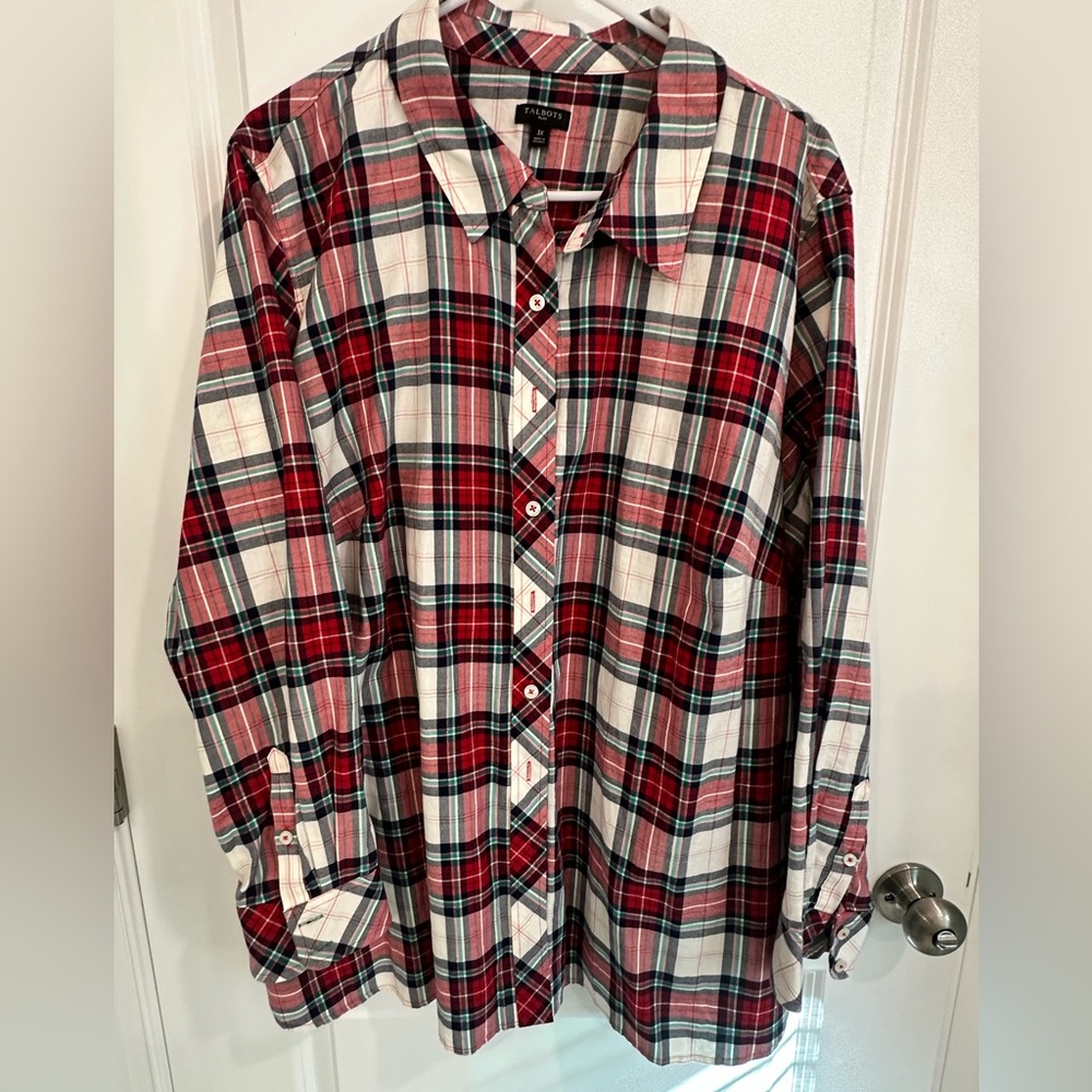 Talbots 3x Red Plaid Button Down with Glitter Stitching